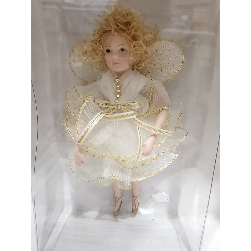 Vintage Porcelain Angel Doll Ornament White Gold Tulle Dress‎ Blonde Hair 9 Inch